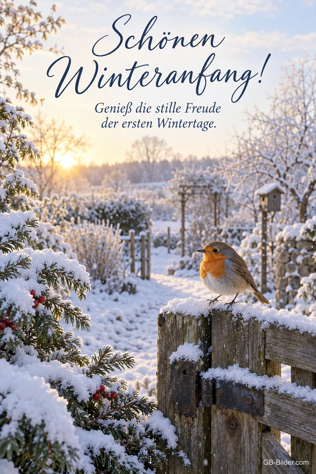 Rotkehlchen auf einem verschneiten Zaun, Text: Schönen Winteranfang!