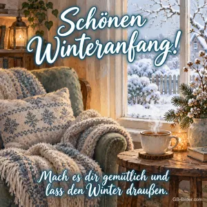 Sessel mit Strickdecke am Winterfenster, Text: Schönen Winteranfang!