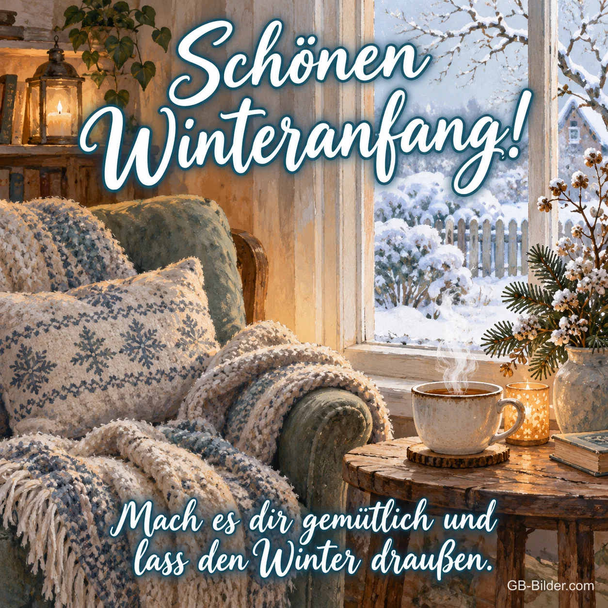 Sessel mit Strickdecke am Winterfenster, Text: Schönen Winteranfang!