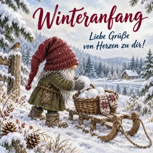 Wichtel mit Schlitten im Schnee, Text: Winteranfang – Liebe Grüße von Herzen zu dir!