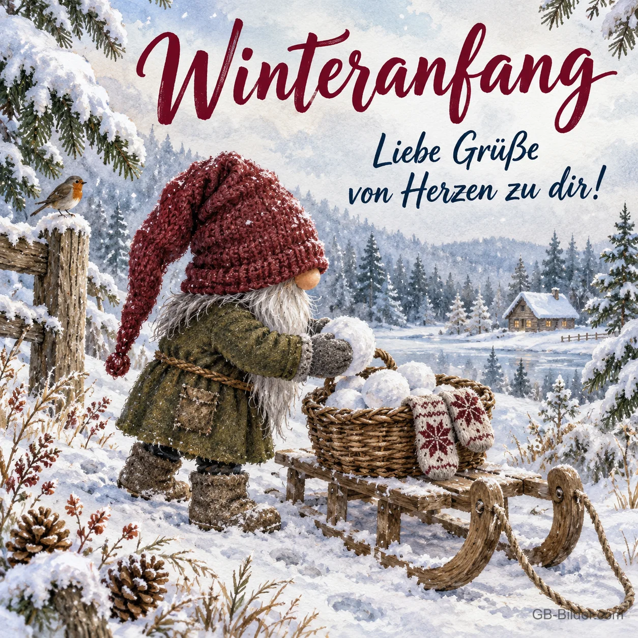Wichtel mit Schlitten im Schnee, Text: Winteranfang – Liebe Grüße von Herzen zu dir!