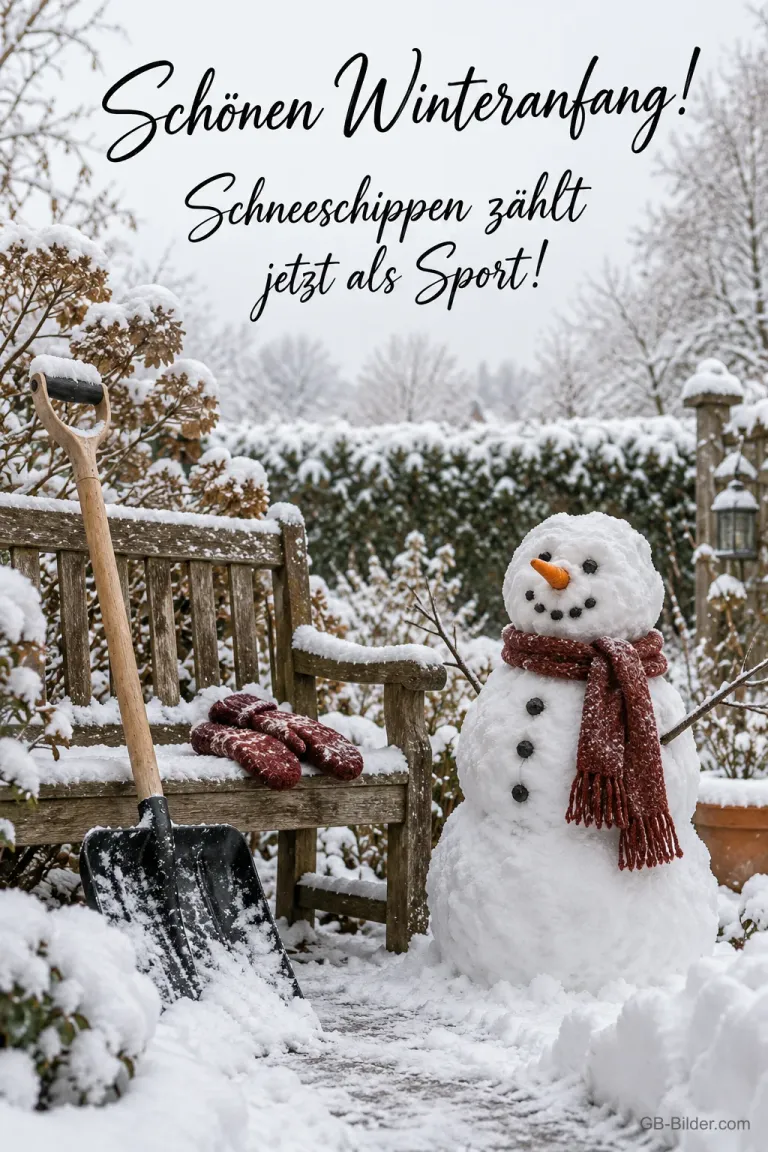 Schneeschaufel und Schneemann im Garten, Text: Schönen Winteranfang! Schneeschippen zählt jetzt als Sport!