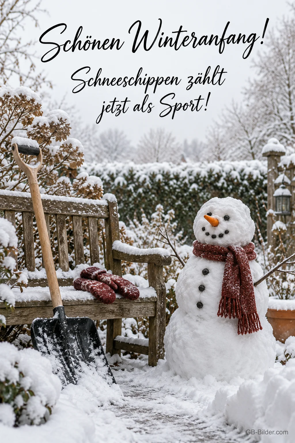 Schneeschaufel und Schneemann im Garten, Text: Schönen Winteranfang! Schneeschippen zählt jetzt als Sport!