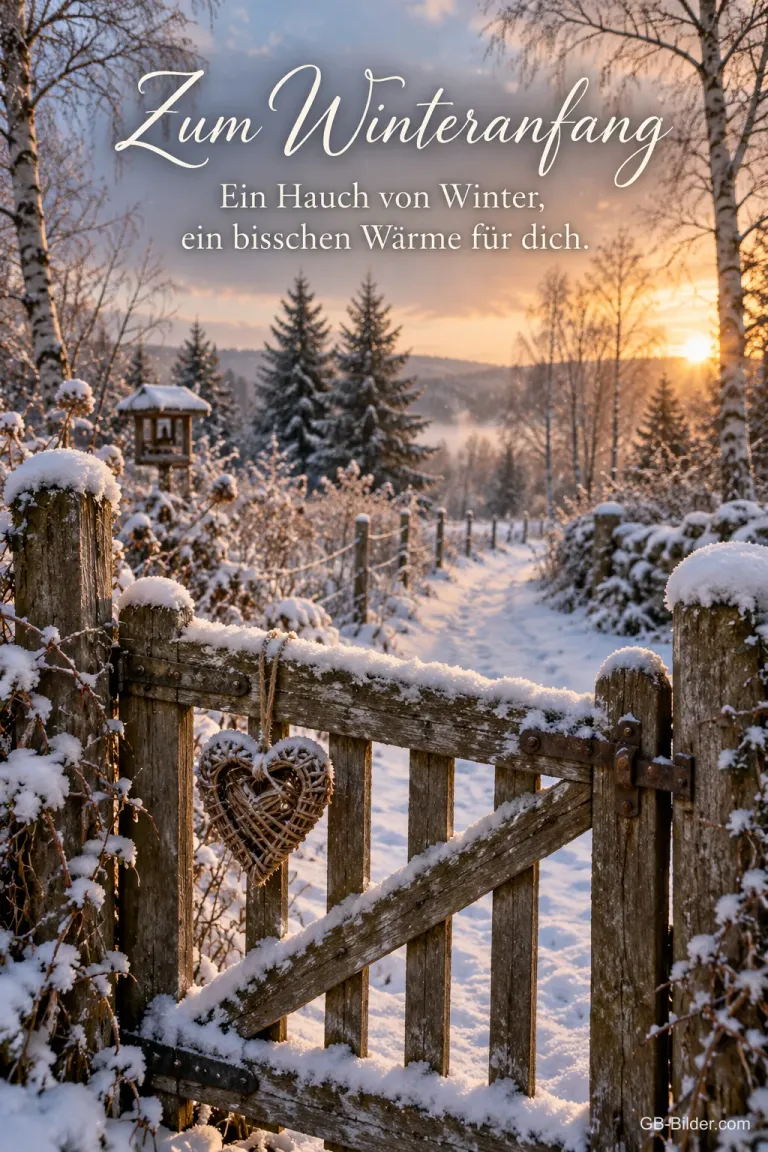 Gartentor mit Herz am verschneiten Weg, Text: Zum Winteranfang
