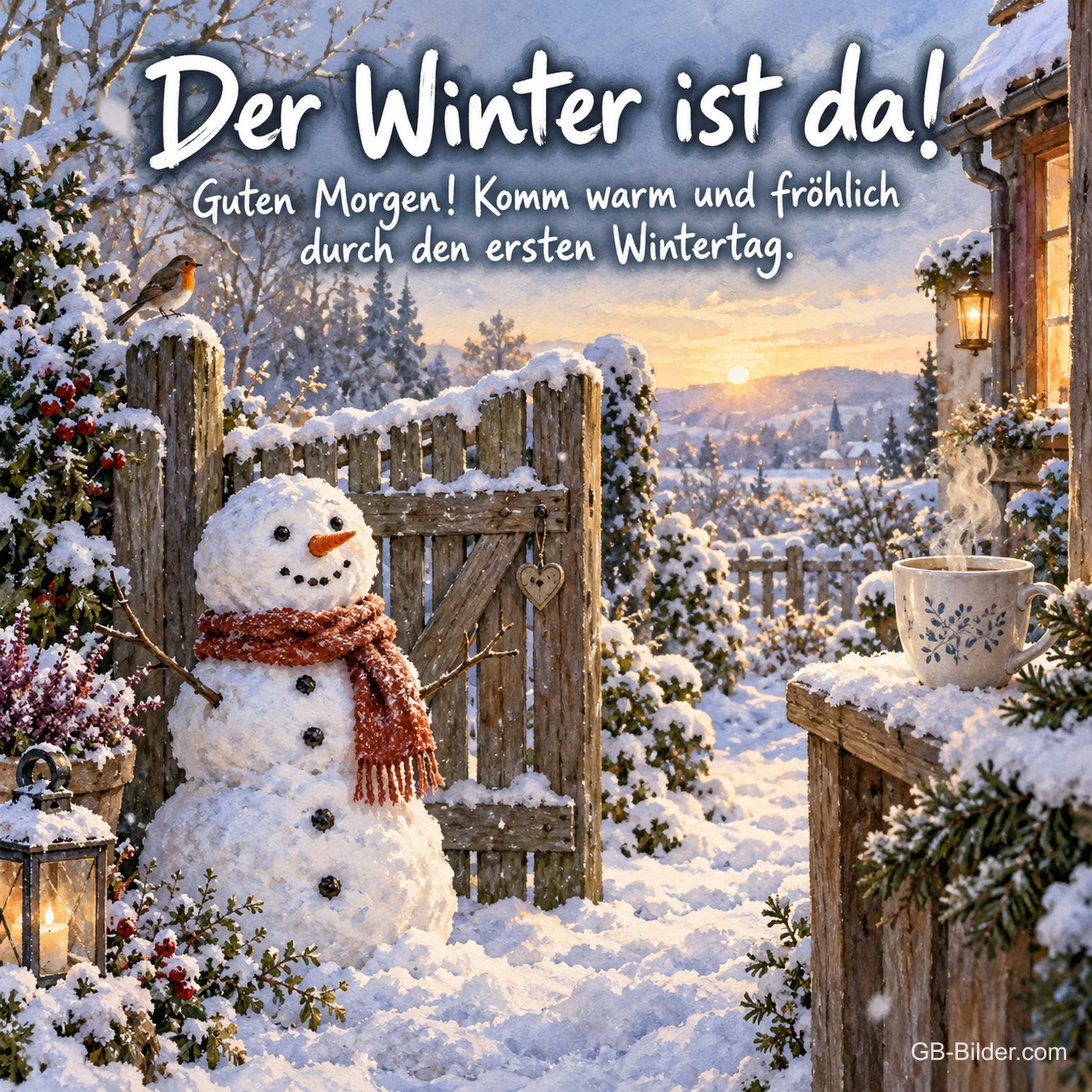 Schneemann am verschneiten Gartentor, Text: Der Winter ist da! Guten Morgen!