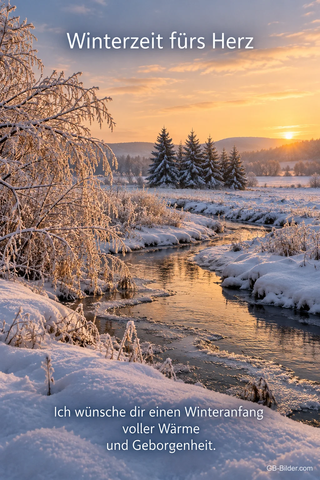 Bach in verschneiter Landschaft im Abendlicht, Text: Winterzeit fürs Herz