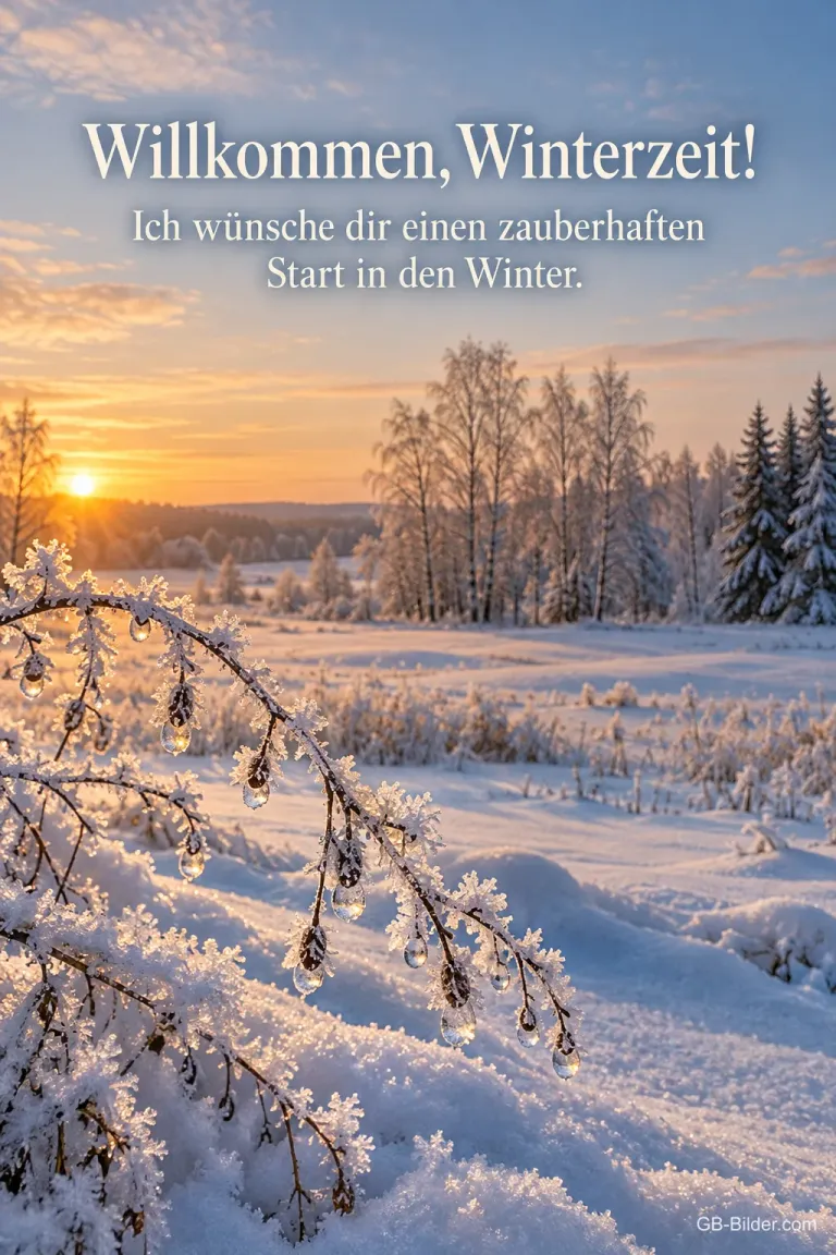 Bereifte Zweige über einem verschneiten Feld, Text: Willkommen, Winterzeit!