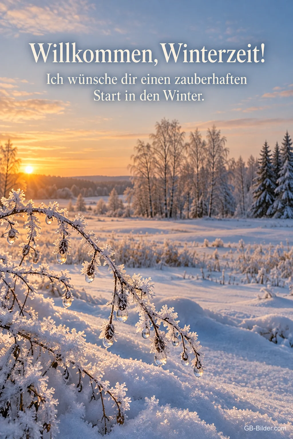 Bereifte Zweige über einem verschneiten Feld, Text: Willkommen, Winterzeit!