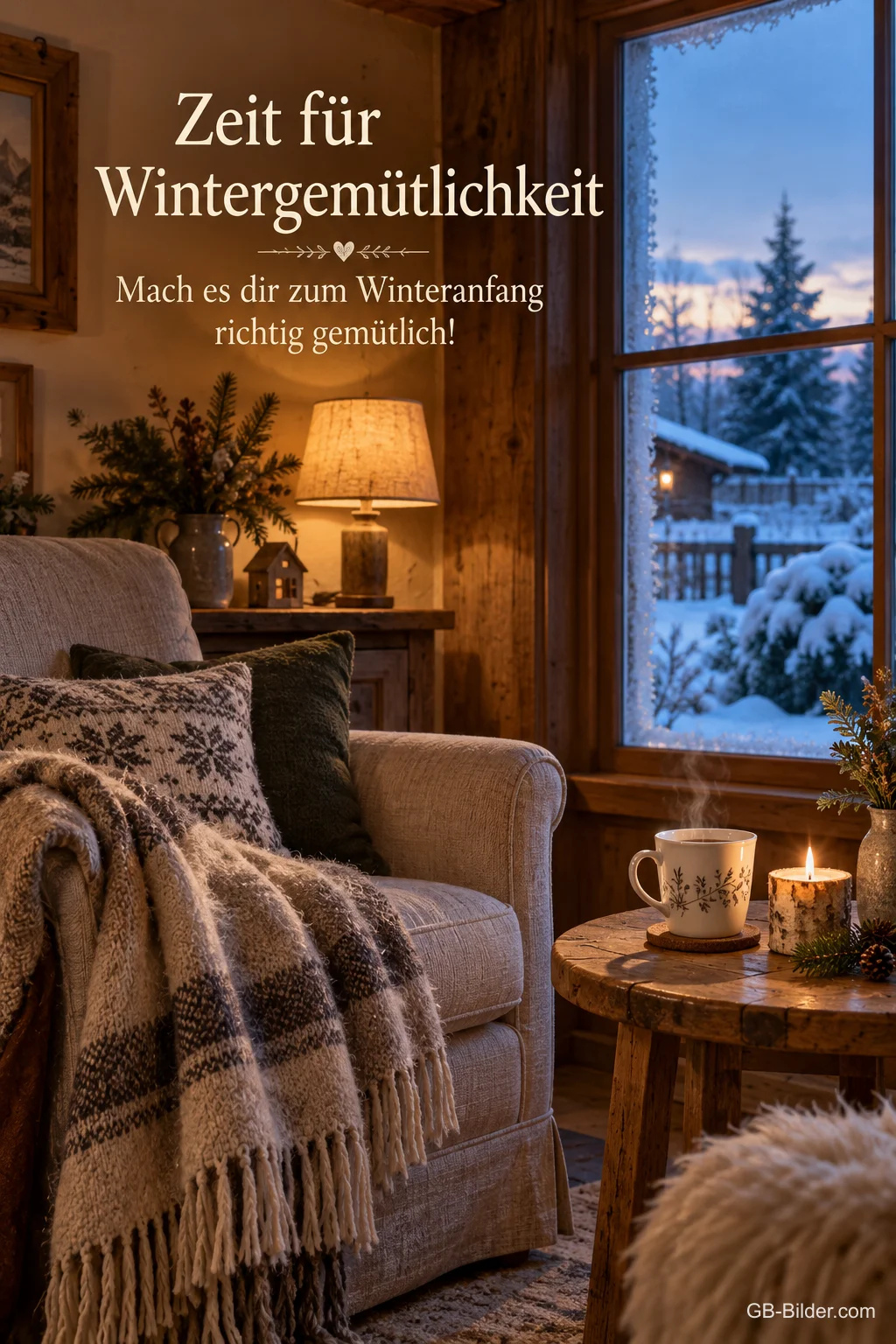 Gemütliche Stube mit Sessel am Winterfenster, Text: Zeit für Wintergemütlichkeit