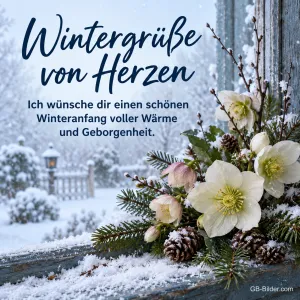 Christrosen und Tannenzweige auf verschneiter Fensterbank, Text: Wintergrüße von Herzen