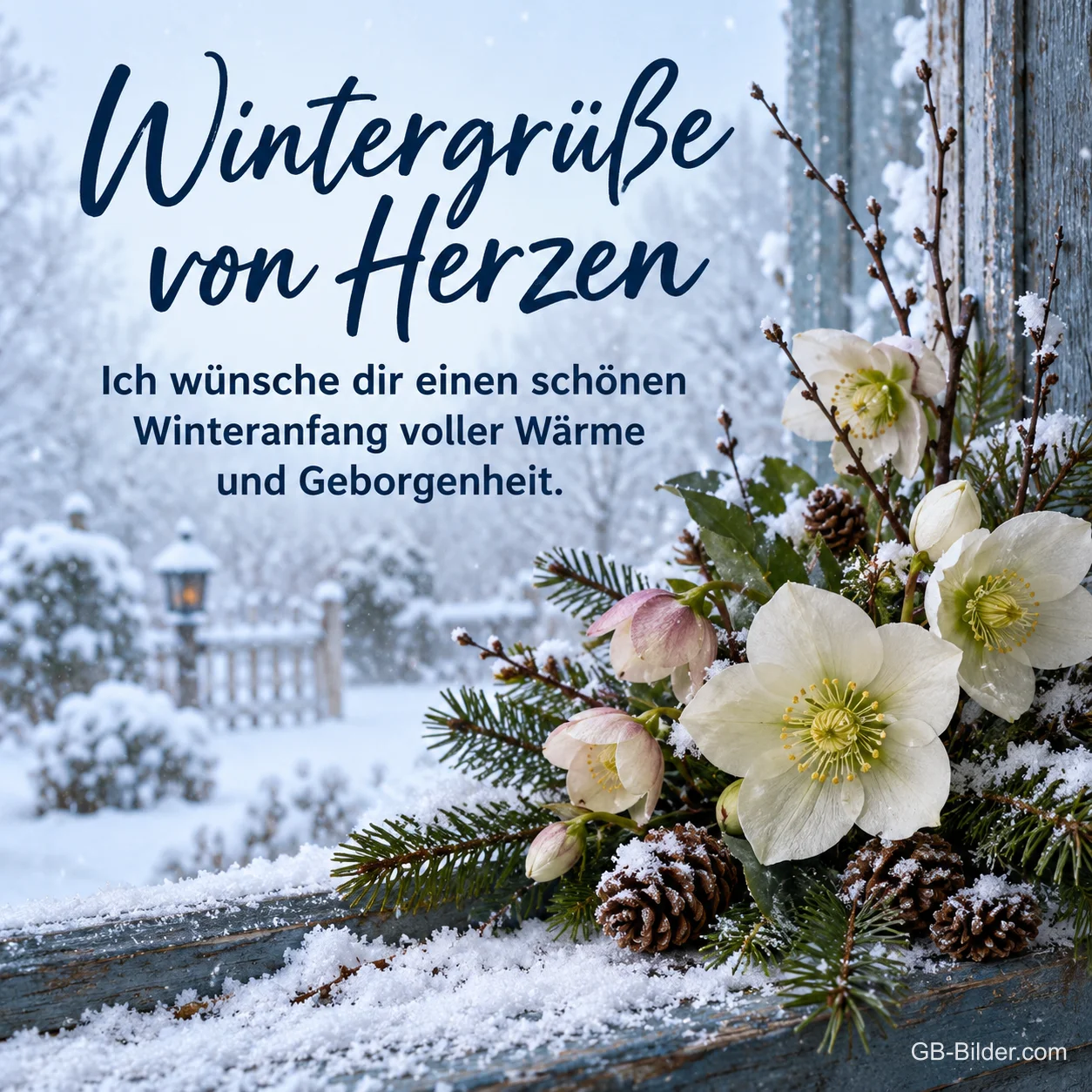 Christrosen und Tannenzweige auf verschneiter Fensterbank, Text: Wintergrüße von Herzen