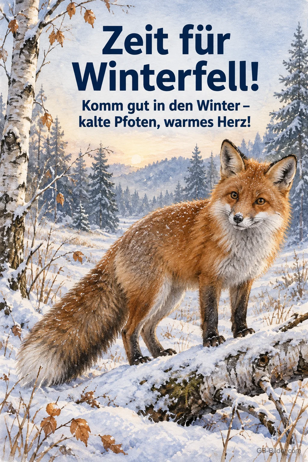 Fuchs im verschneiten Winterwald, Text: Zeit für Winterfell!