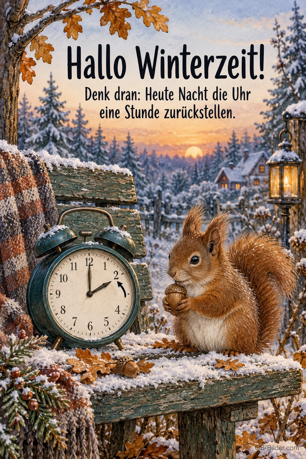 Eichhörnchen neben einem Wecker auf verschneiter Bank, Text: Hallo Winterzeit! Denk dran: Heute Nacht die Uhr eine Stunde zurückstellen. Eichhörnchen neben einem Wecker auf verschneiter Bank, Text: Hallo Winterzeit! Denk dran: Heute Nacht die Uhr eine Stunde zurückstellen.