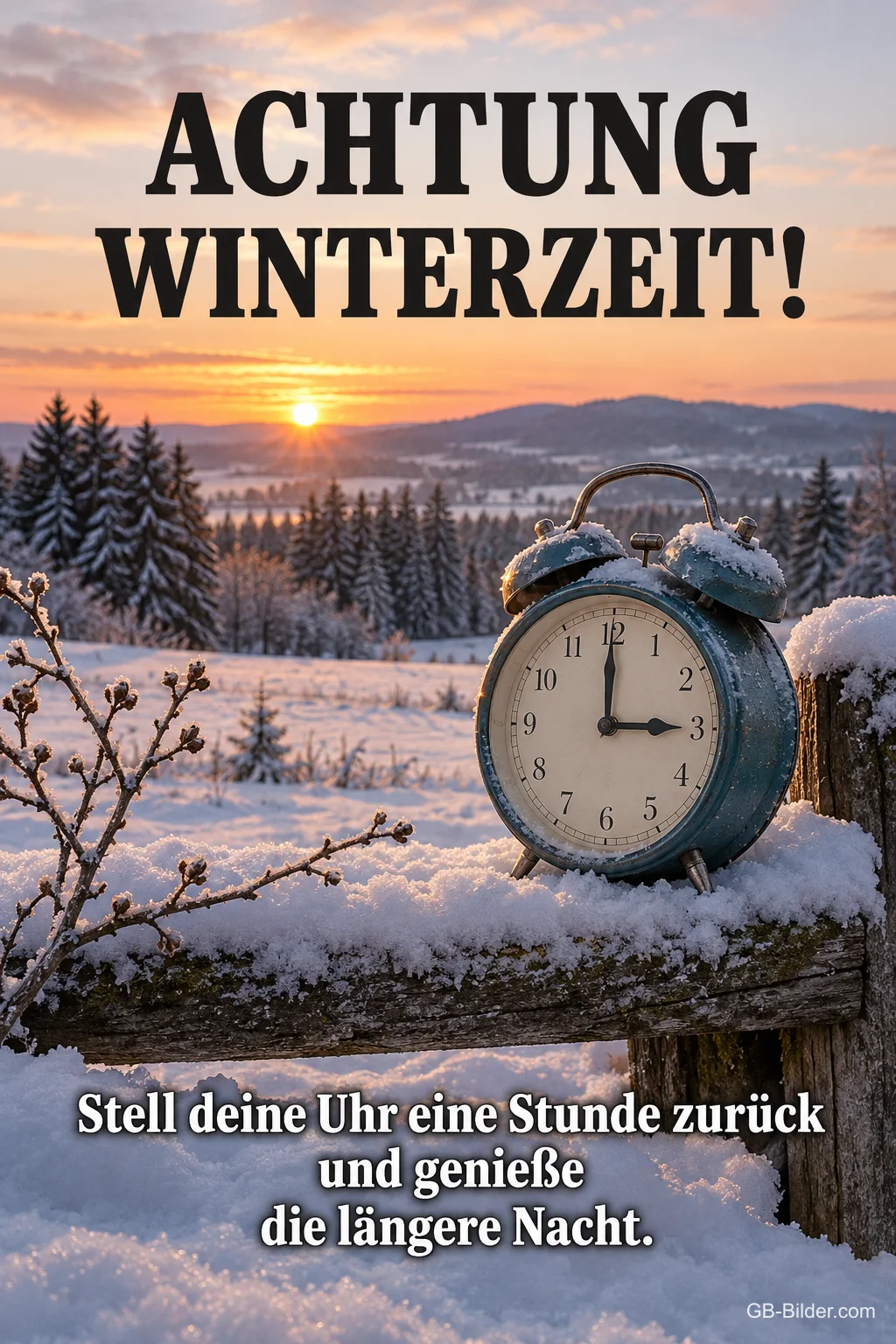 Wecker auf verschneitem Zaun im Sonnenaufgang, Text: Achtung Winterzeit! Stell deine Uhr eine Stunde zurück und genieße die längere Nacht. Wecker auf verschneitem Zaun im Sonnenaufgang, Text: Achtung Winterzeit! Stell deine Uhr eine Stunde zurück und genieße die längere Nacht.