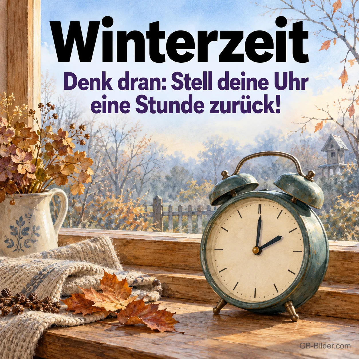 Alter Wecker auf einer Fensterbank mit Herbstlaub, Text: Winterzeit – Denk dran: Stell deine Uhr eine Stunde zurück! Alter Wecker auf einer Fensterbank mit Herbstlaub, Text: Winterzeit – Denk dran: Stell deine Uhr eine Stunde zurück!