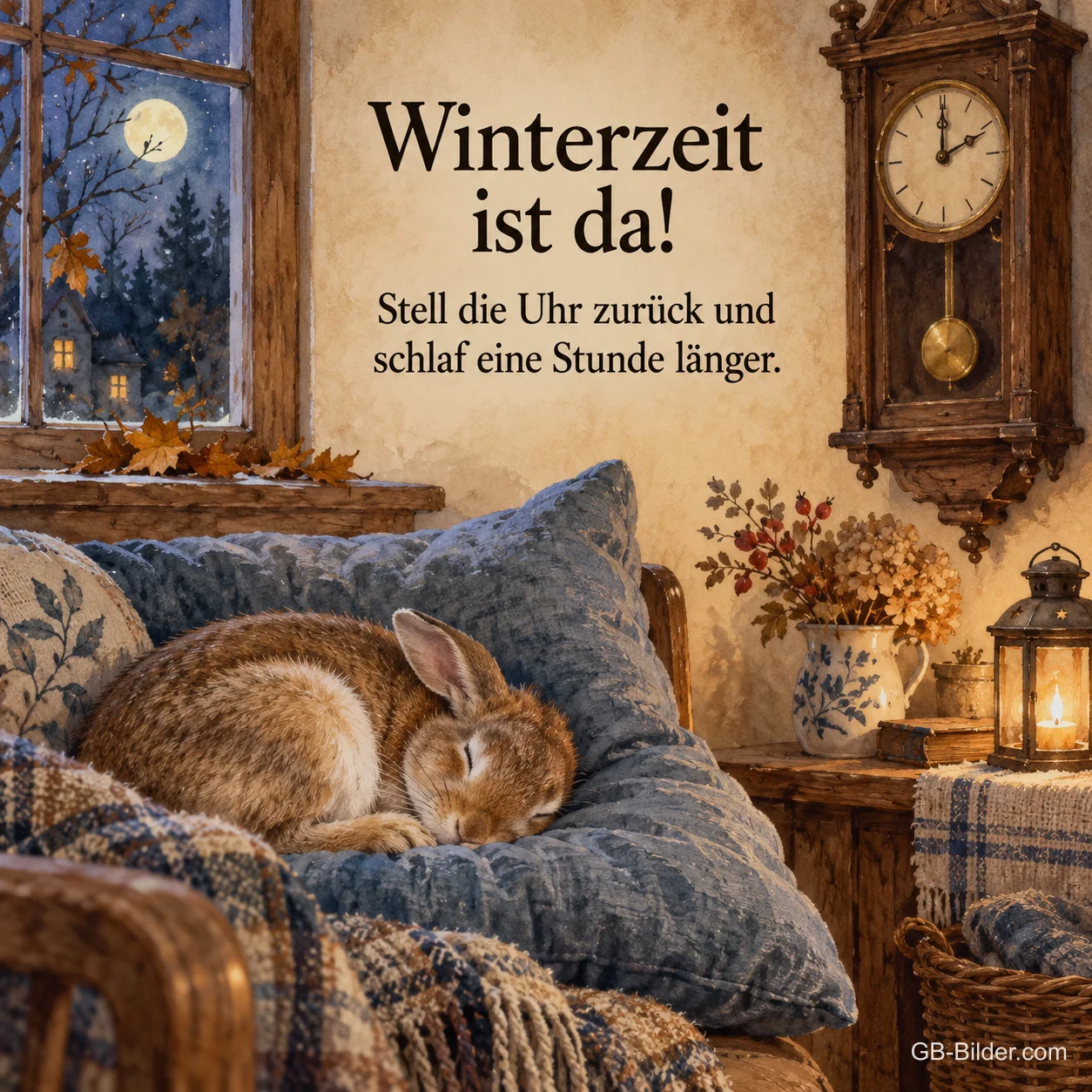 Schlafender Hase auf einem Kissen unter einer Wanduhr, Text: Winterzeit ist da! Stell die Uhr zurück und schlaf eine Stunde länger. Schlafender Hase auf einem Kissen unter einer Wanduhr, Text: Winterzeit ist da! Stell die Uhr zurück und schlaf eine Stunde länger.