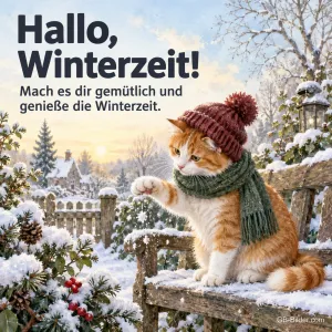 Katze mit Mütze und Schal im verschneiten Garten, Text: Hallo, Winterzeit! Mach es dir gemütlich und genieße die Winterzeit.