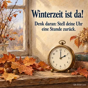 Uhr zwischen Herbstblättern auf einer Fensterbank, Text: Winterzeit ist da! Denk daran: Stell deine Uhr eine Stunde zurück.
