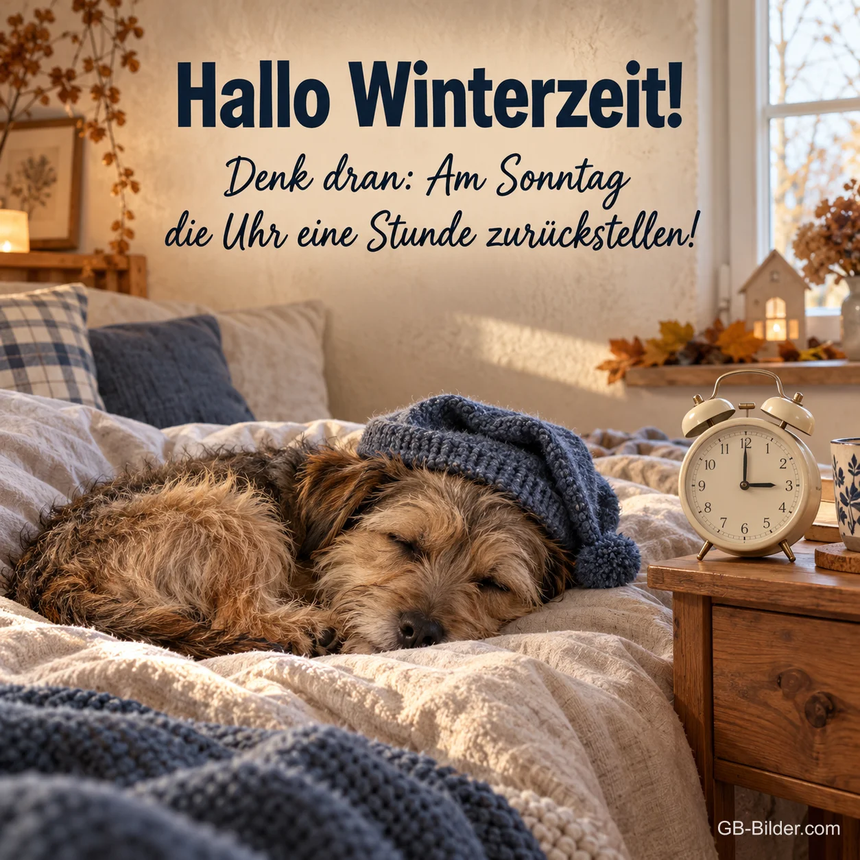 Schlafender Hund mit Strickmütze im Bett neben einem Wecker, Text: Hallo Winterzeit! Denk dran: Am Sonntag die Uhr eine Stunde zurückstellen! Schlafender Hund mit Strickmütze im Bett neben einem Wecker, Text: Hallo Winterzeit! Denk dran: Am Sonntag die Uhr eine Stunde zurückstellen!