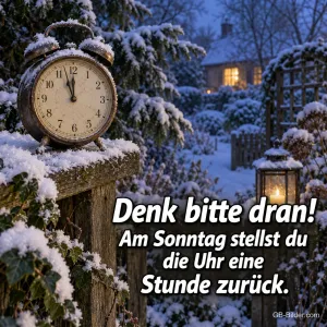 Wecker auf einem verschneiten Gartenpfosten am Abend, Text: Denk bitte dran! Am Sonntag stellst du die Uhr eine Stunde zurück.