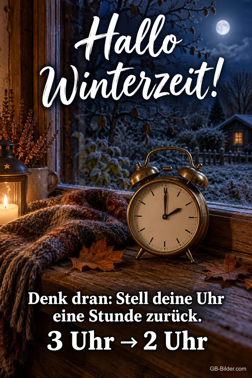 Wecker am Fenster in einer frostigen Mondnacht, Text: Hallo Winterzeit! Denk dran: Stell deine Uhr eine Stunde zurück. 3 Uhr auf 2 Uhr Wecker am Fenster in einer frostigen Mondnacht, Text: Hallo Winterzeit! Denk dran: Stell deine Uhr eine Stunde zurück. 3 Uhr auf 2 Uhr
