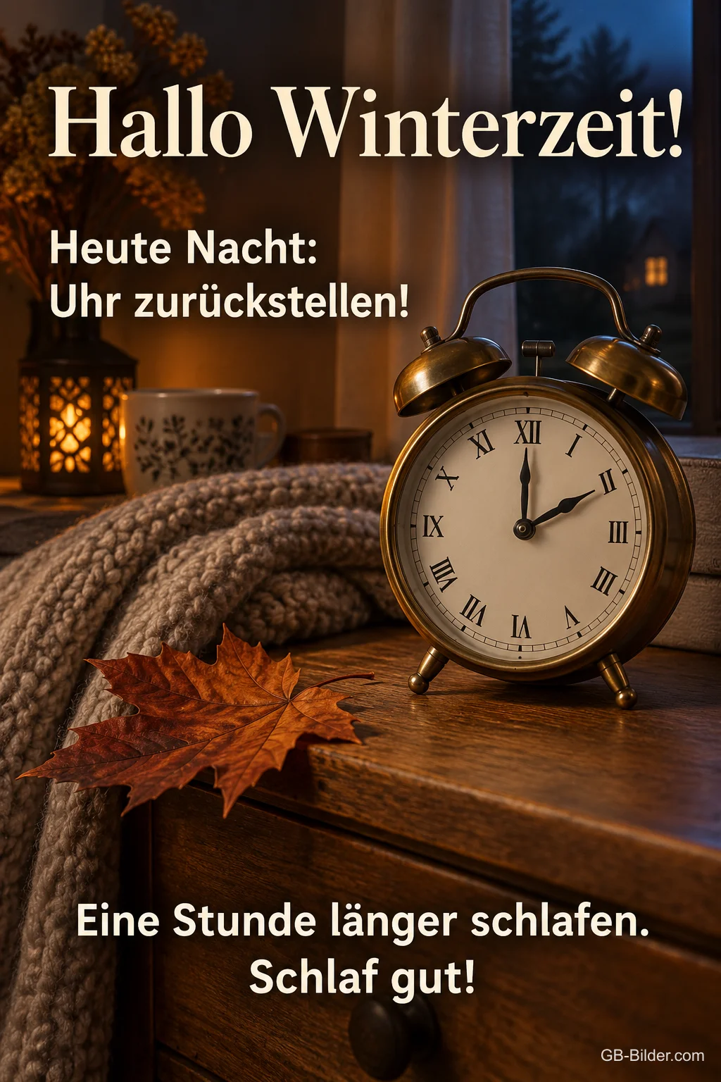 Messingwecker mit Herbstblatt im Kerzenlicht, Text: Hallo Winterzeit! Heute Nacht: Uhr zurückstellen! Eine Stunde länger schlafen. Schlaf gut! Messingwecker mit Herbstblatt im Kerzenlicht, Text: Hallo Winterzeit! Heute Nacht: Uhr zurückstellen! Eine Stunde länger schlafen. Schlaf gut!