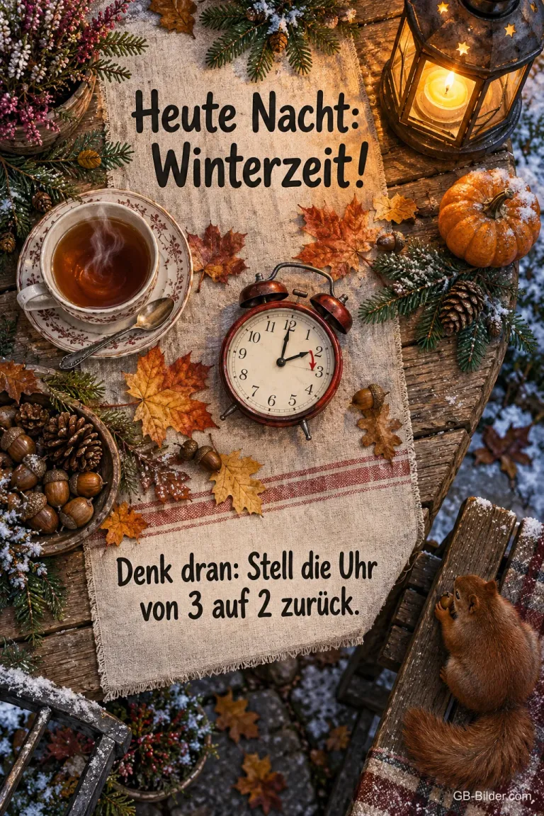Wecker, Teetasse und Herbstdeko auf einem Holztisch mit Eichhörnchen, Text: Heute Nacht: Winterzeit! Denk dran: Stell die Uhr von 3 auf 2 zurück.