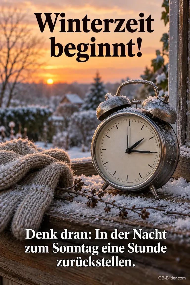 Wecker und Strickhandschuhe auf frostiger Fensterbank, Text: Winterzeit beginnt! Denk dran: In der Nacht zum Sonntag eine Stunde zurückstellen.