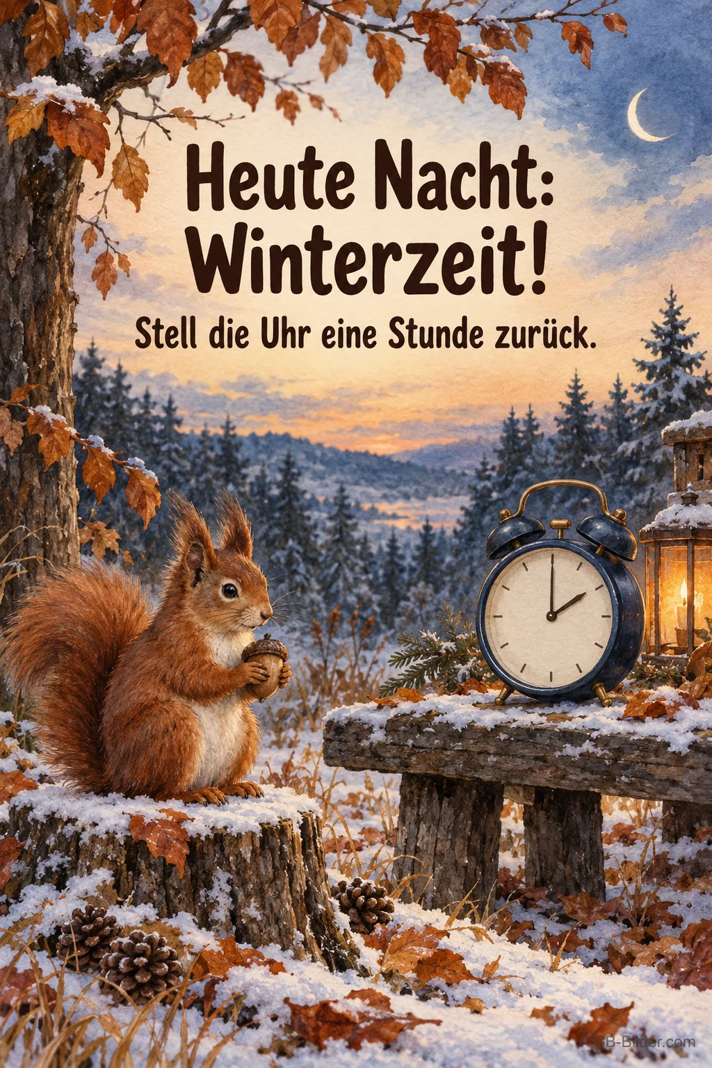 Eichhörnchen neben einem Wecker auf einer Bank, Text: Heute Nacht: Winterzeit! Stell die Uhr eine Stunde zurück. Eichhörnchen neben einem Wecker auf einer Bank, Text: Heute Nacht: Winterzeit! Stell die Uhr eine Stunde zurück.