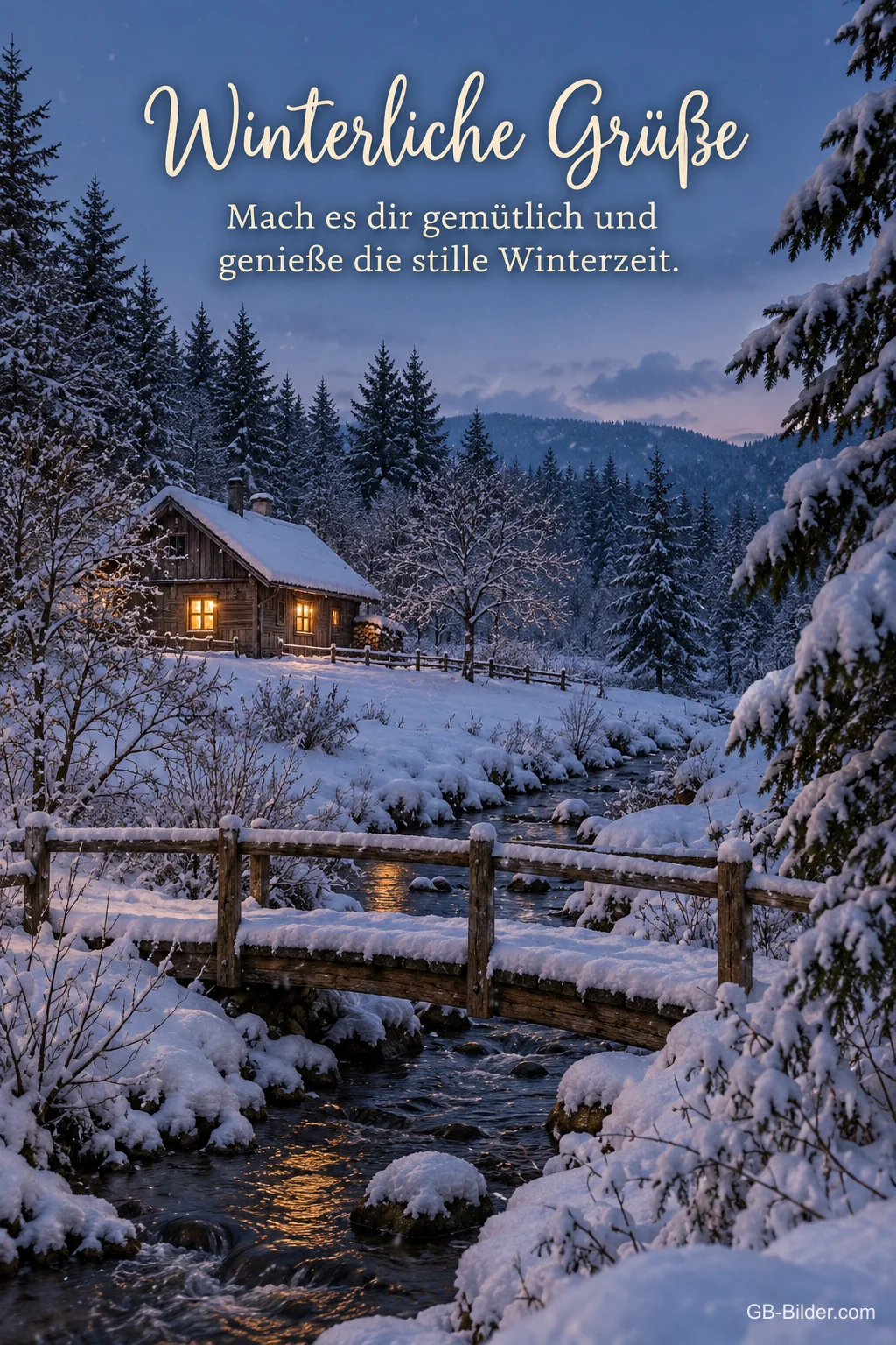 Verschneite Hütte und Holzbrücke im Winterwald, Text: Winterliche Grüße – Mach es dir gemütlich und genieße die stille Winterzeit. Verschneite Hütte und Holzbrücke im Winterwald, Text: Winterliche Grüße – Mach es dir gemütlich und genieße die stille Winterzeit.
