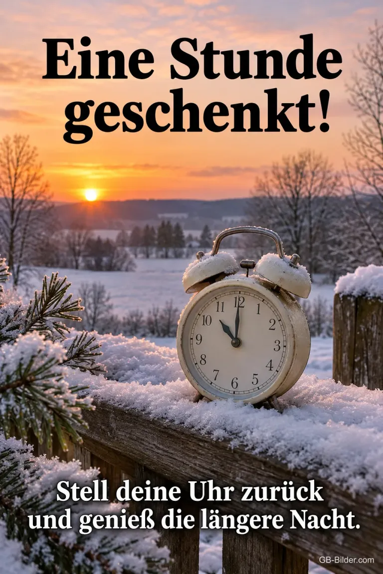 Wecker auf einem verschneiten Zaun im Sonnenaufgang, Text: Eine Stunde geschenkt! Stell deine Uhr zurück.