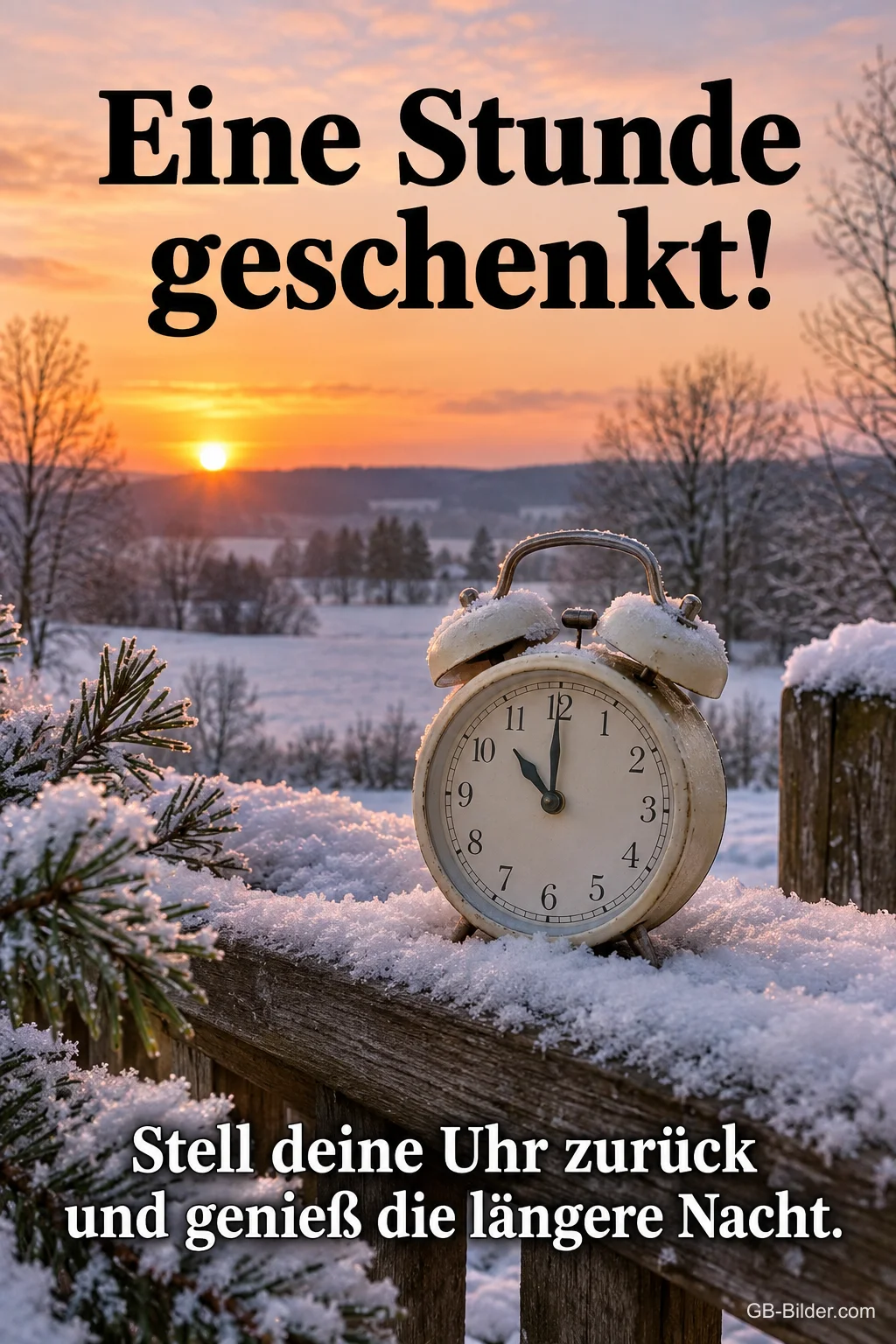 Wecker auf einem verschneiten Zaun im Sonnenaufgang, Text: Eine Stunde geschenkt! Stell deine Uhr zurück. Wecker auf einem verschneiten Zaun im Sonnenaufgang, Text: Eine Stunde geschenkt! Stell deine Uhr zurück.