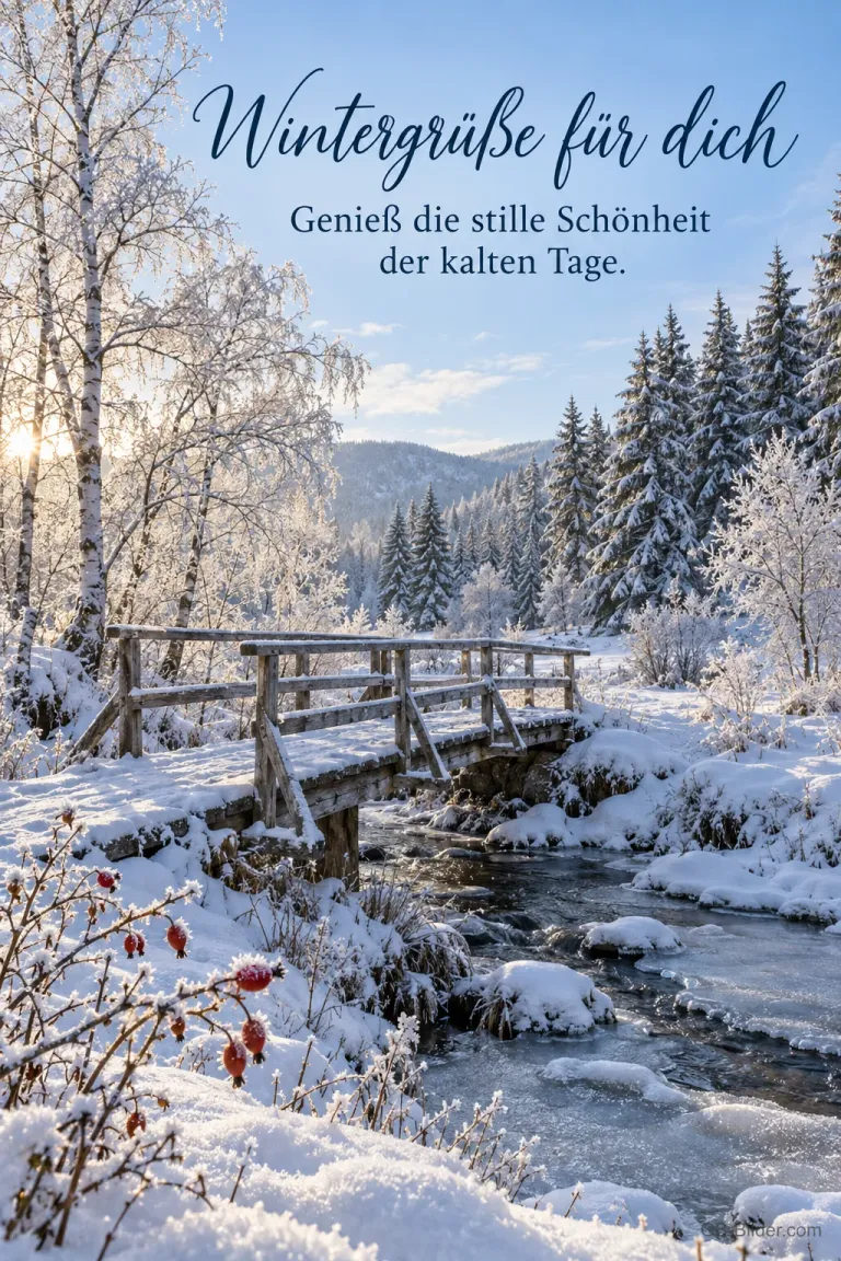 Holzbrücke über einen Bach im verschneiten Wald, Text: Wintergrüße für dich – Genieß die stille Schönheit der kalten Tage.
