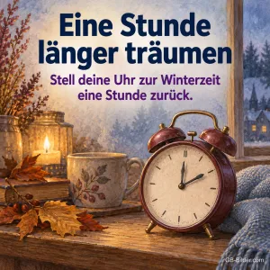 Roter Wecker mit Kerze am frostigen Fenster, Text: Eine Stunde länger träumen – Stell deine Uhr zur Winterzeit eine Stunde zurück.