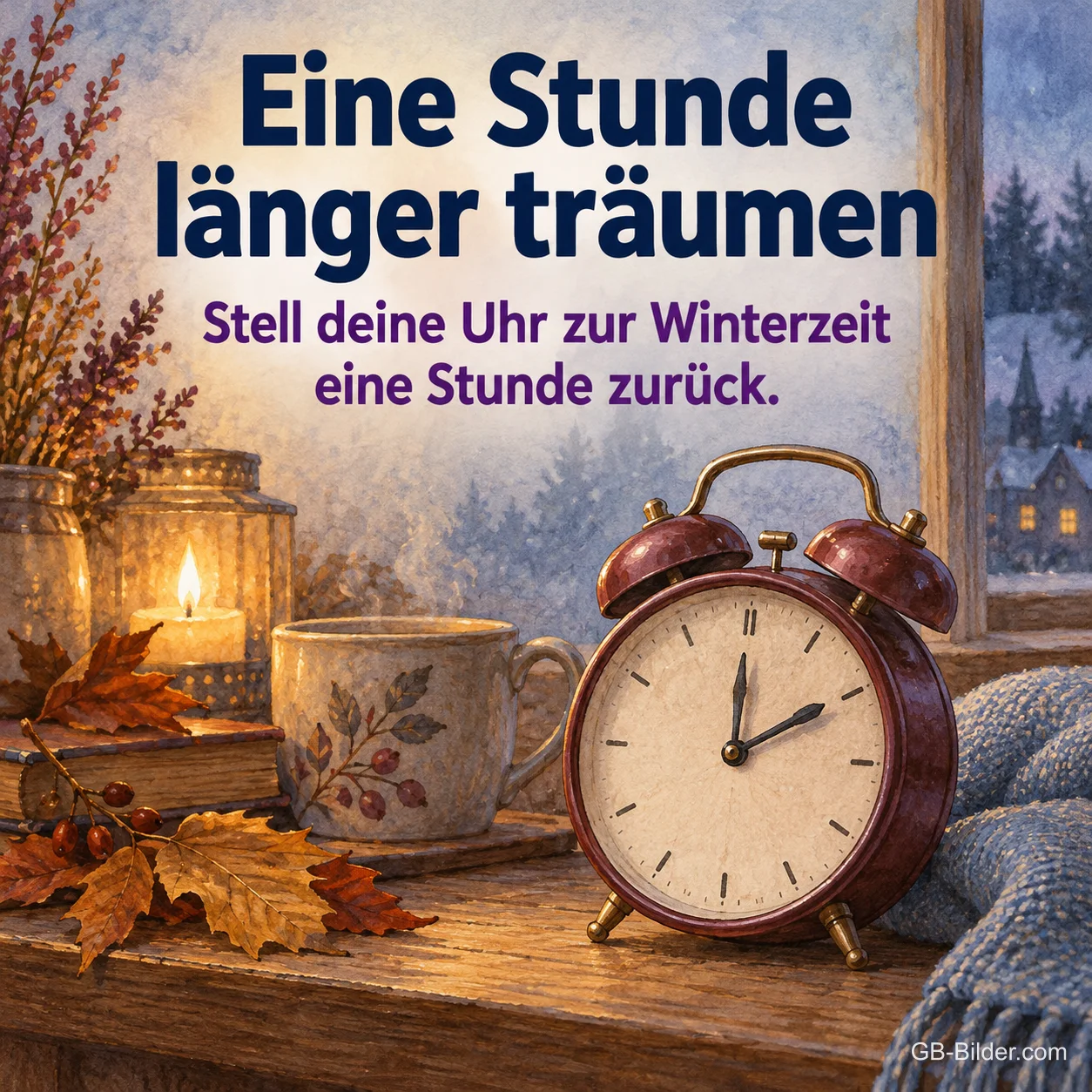 Roter Wecker mit Kerze am frostigen Fenster, Text: Eine Stunde länger träumen – Stell deine Uhr zur Winterzeit eine Stunde zurück. Roter Wecker mit Kerze am frostigen Fenster, Text: Eine Stunde länger träumen – Stell deine Uhr zur Winterzeit eine Stunde zurück.