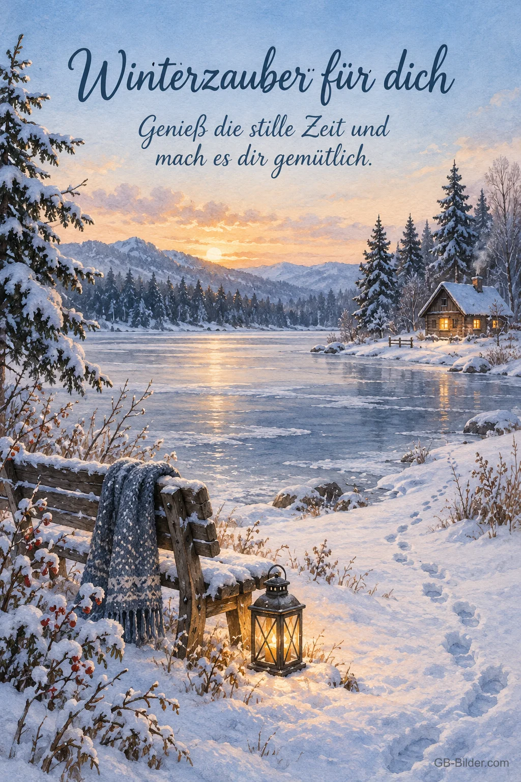 Bank mit Schal am verschneiten Seeufer, Text: Winterzauber für dich – Genieß die stille Zeit und mach es dir gemütlich. Bank mit Schal am verschneiten Seeufer, Text: Winterzauber für dich – Genieß die stille Zeit und mach es dir gemütlich.