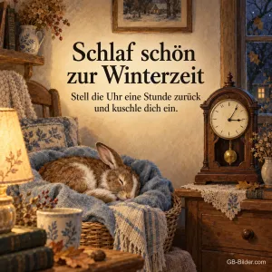 Schlafender Hase im Korb unter einer Pendeluhr, Text: Schlaf schön zur Winterzeit – Stell die Uhr eine Stunde zurück.