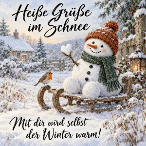 Schneemann auf einem Schlitten mit Rotkehlchen, Text: Heiße Grüße im Schnee – Mit dir wird selbst der Winter warm!