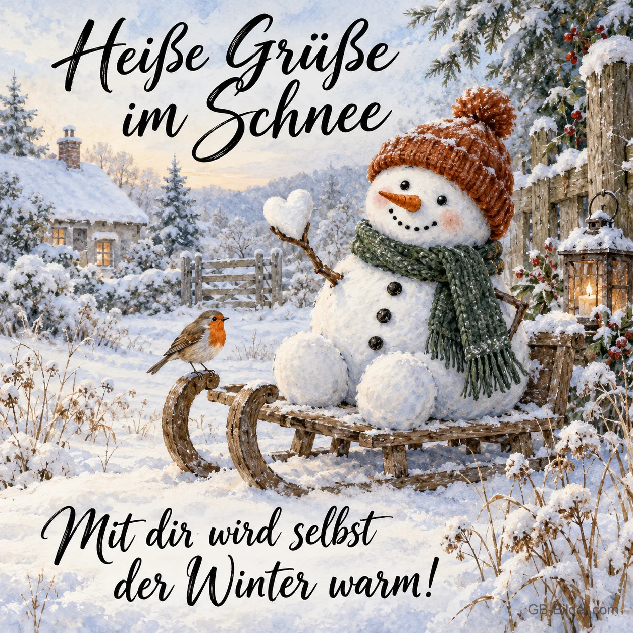 Schneemann auf einem Schlitten mit Rotkehlchen, Text: Heiße Grüße im Schnee – Mit dir wird selbst der Winter warm! Schneemann auf einem Schlitten mit Rotkehlchen, Text: Heiße Grüße im Schnee – Mit dir wird selbst der Winter warm!
