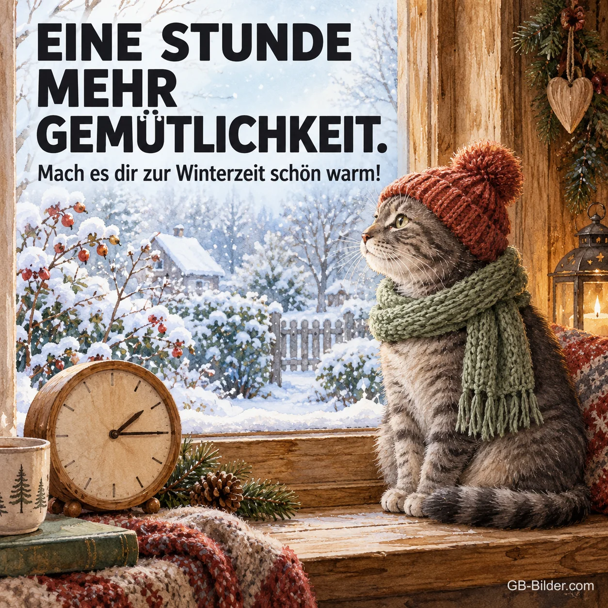 Katze mit Mütze und Schal am Fenster neben einer Uhr, Text: Eine Stunde mehr Gemütlichkeit. Mach es dir zur Winterzeit schön warm! Katze mit Mütze und Schal am Fenster neben einer Uhr, Text: Eine Stunde mehr Gemütlichkeit. Mach es dir zur Winterzeit schön warm!