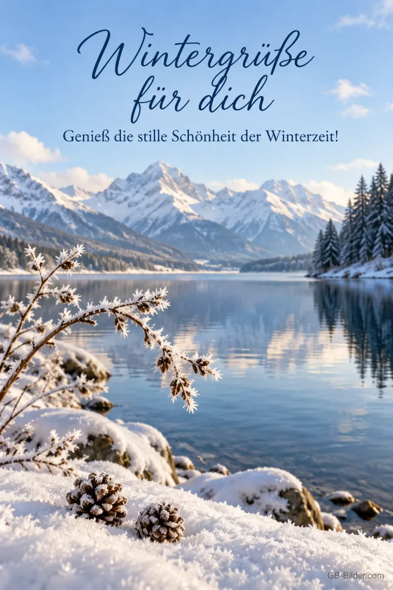 Bergsee mit verschneiten Ufern, Text: Wintergrüße für dich – Genieß die stille Schönheit der Winterzeit!