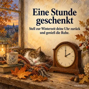 Schlafende Katze neben einer Kaminuhr, Text: Eine Stunde geschenkt – Stell zur Winterzeit deine Uhr zurück.