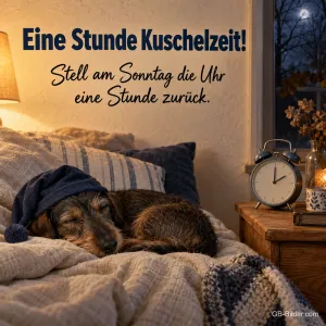 Dackel mit Schlafmütze schläft neben einem Wecker, Text: Eine Stunde Kuschelzeit! Stell am Sonntag die Uhr eine Stunde zurück.