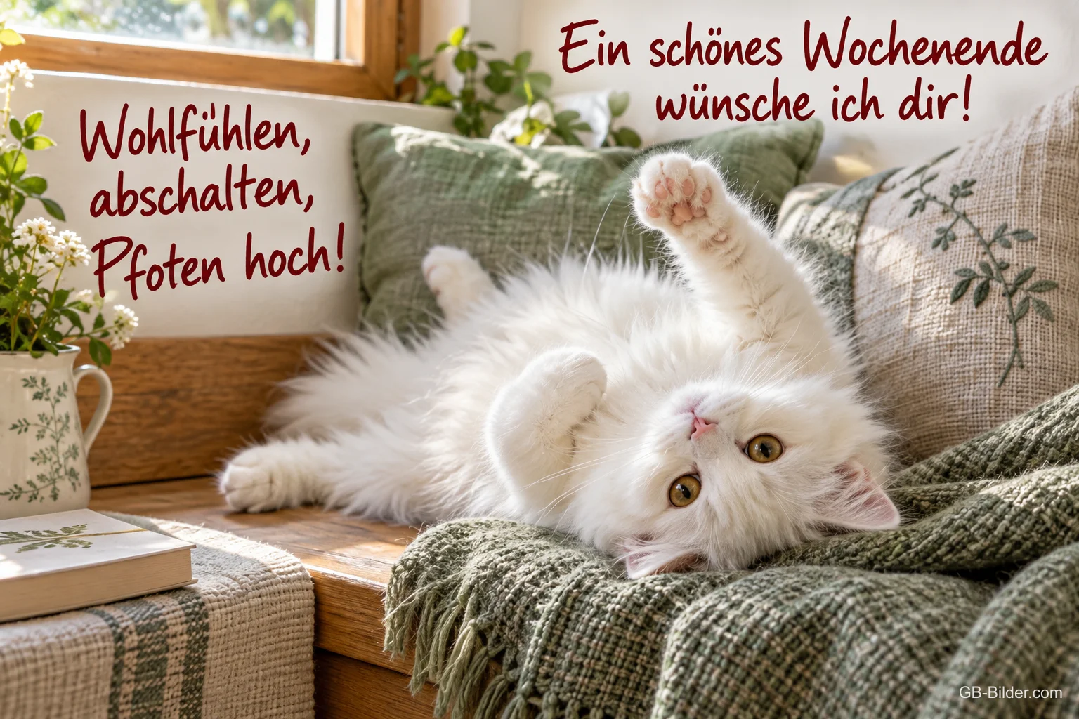 Weißes Kätzchen liegt mit erhobenen Pfoten auf einem Kissen am Fenster, Text: Wohlfühlen, abschalten, Pfoten hoch! Ein schönes Wochenende wünsche ich dir!