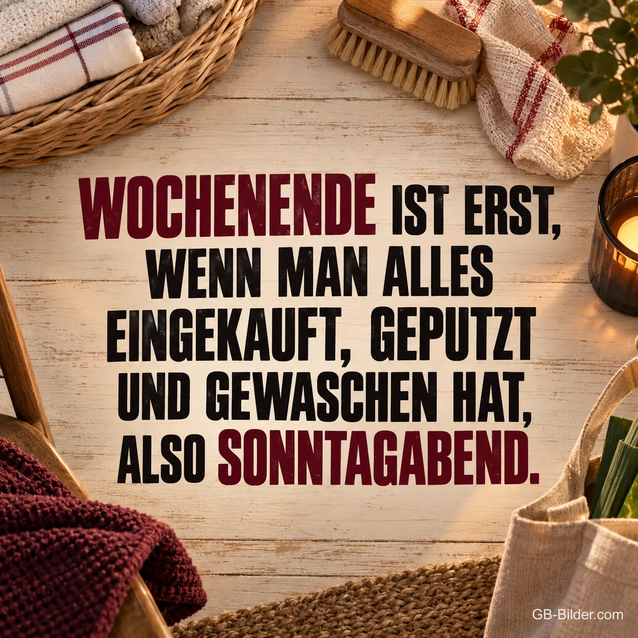Spruch auf hellem Holz zwischen Wäschekorb, Bürste und Einkaufstasche, Text: WOCHENENDE IST ERST, WENN MAN ALLES EINGEKAUFT, GEPUTZT UND GEWASCHEN HAT, ALSO SONNTAGABEND.
