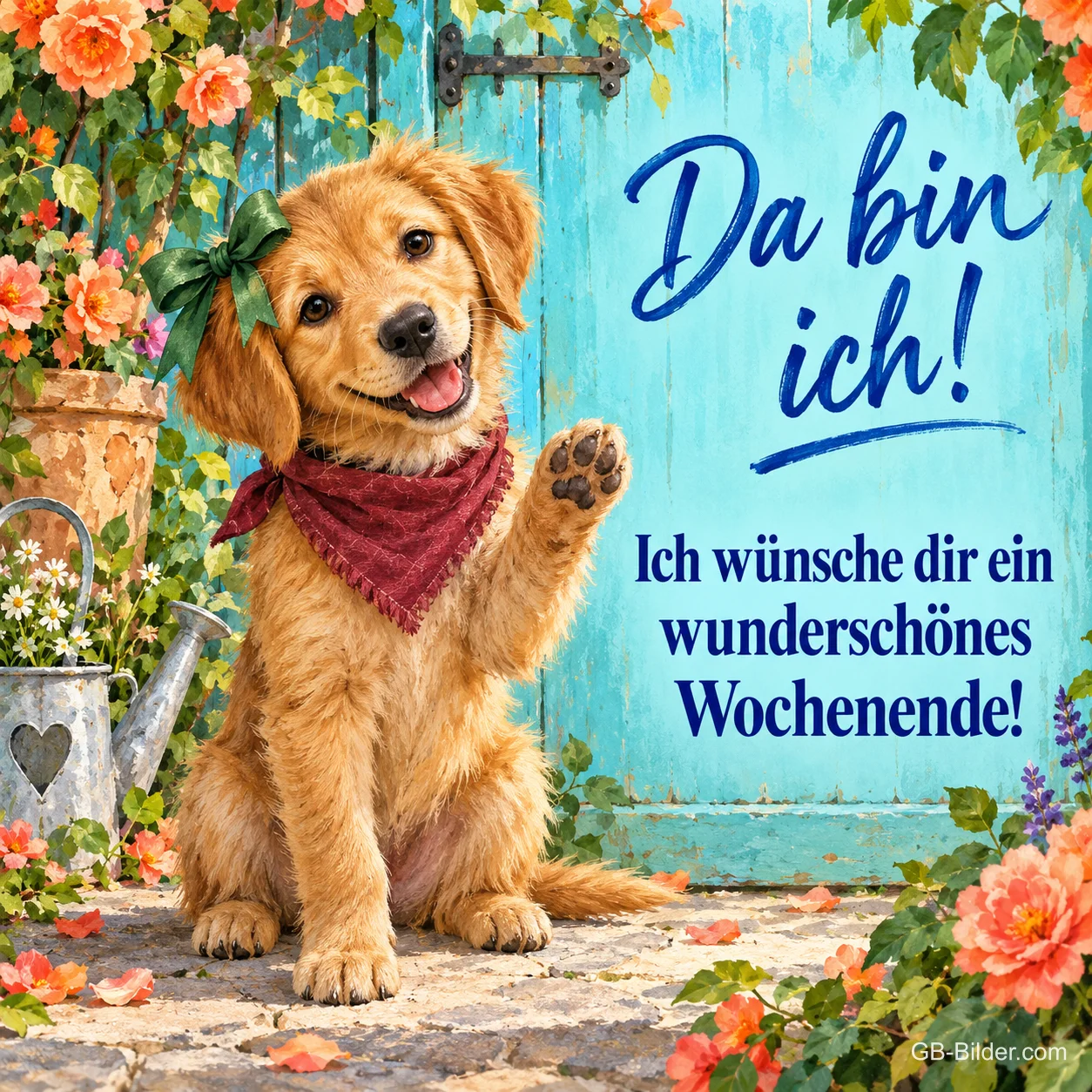Golden-Retriever-Welpe mit Schleife hebt die Pfote vor einer Gartentür, Text: Da bin ich! Ich wünsche dir ein wunderschönes Wochenende!