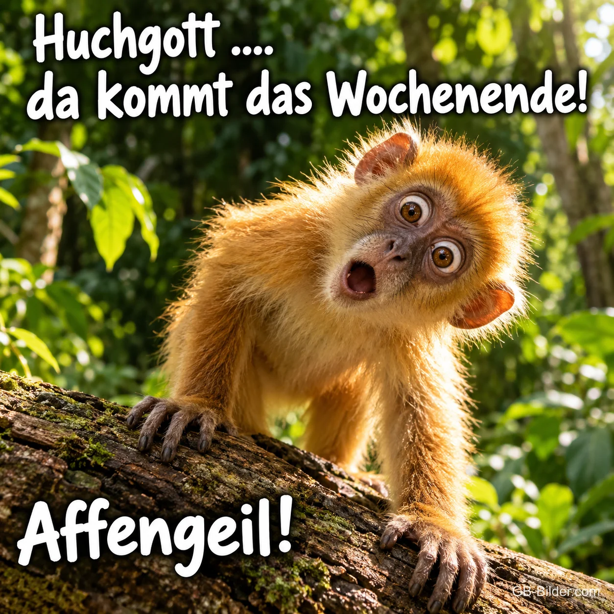 Äffchen schaut mit großen Augen und offenem Mund von einem Ast, Text: Huchgott .... da kommt das Wochenende! Affengeil!