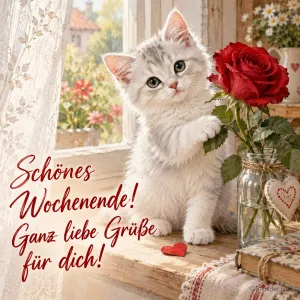 Weißes Kätzchen hält eine rote Rose am Fenster, Text: Schönes Wochenende! Ganz liebe Grüße für dich!