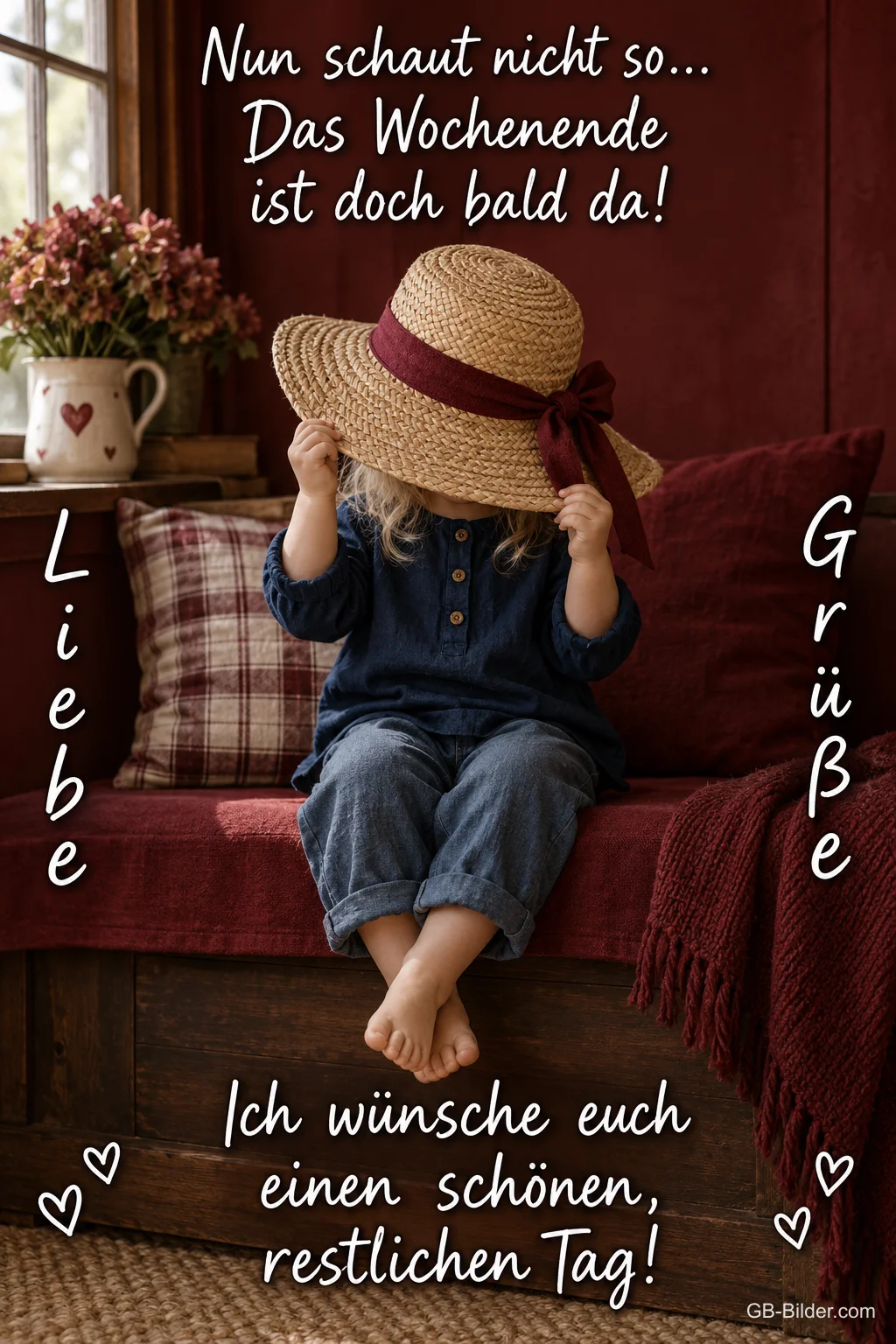 Kleines Kind zieht sich einen Strohhut über die Augen, Text: Nun schaut nicht so… Das Wochenende ist doch bald da! Liebe Grüße – Ich wünsche euch einen schönen, restlichen Tag!