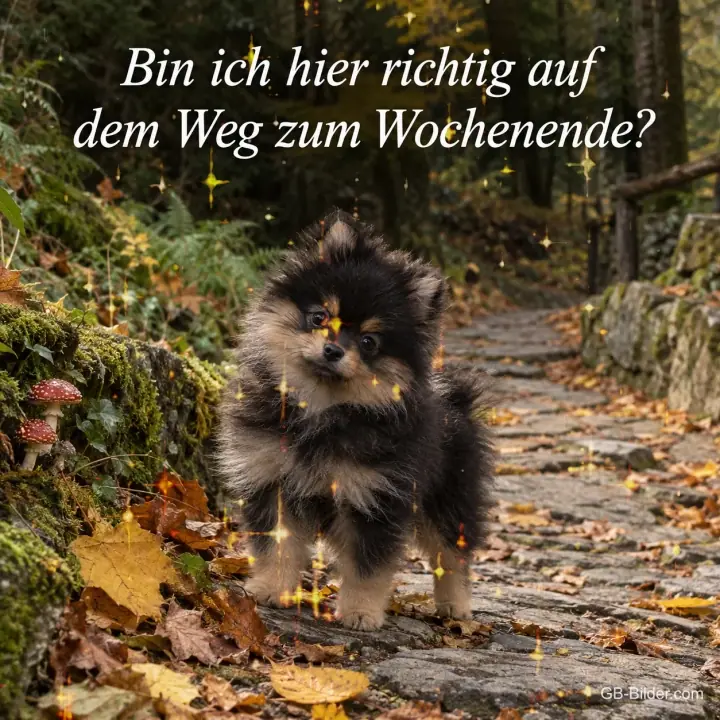 Welpe auf dem Herbstweg, Text: Bin ich hier richtig auf dem Weg zum Wochenende